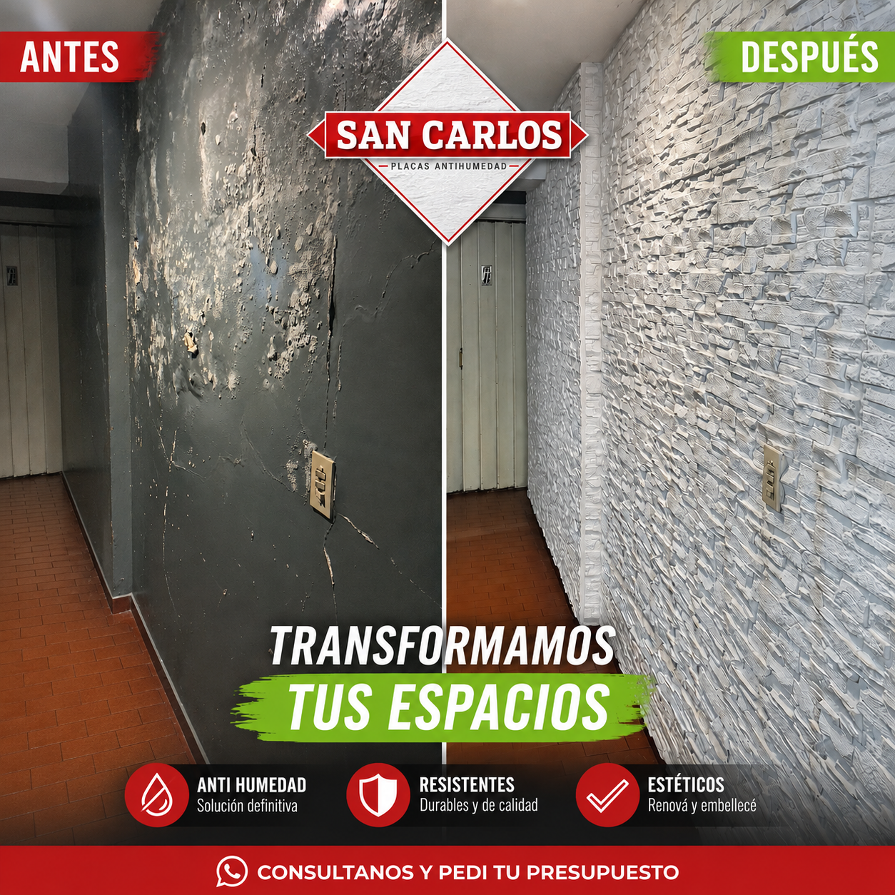 Antes y Despues de pared con humedad